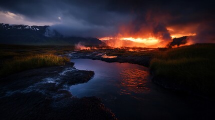 A fiery sunset illuminates the sky above a calm stream in a mountainous landscape.