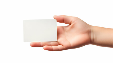 Obraz premium Boy's Hand with Blank Card: Child's hand showcasing a blank card against a white background. 