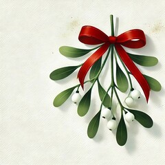 Christmas Watercolor Mistletoe, Hanging Mistletoe Bouquet, Mistletoe with White Berry and Red Bow, New Year Kiss Tradition Art, Plant Illustration for Winter, Holiday Season Painting. Generative AI