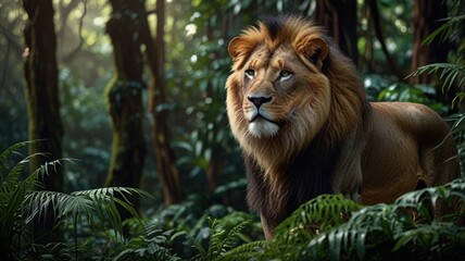 Fototapeta premium A majestic lion stands tall in a lush green forest, its golden mane catching the sunlight.