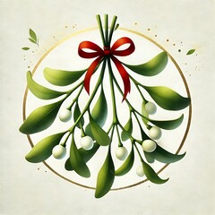 Christmas Watercolor Mistletoe, Hanging Mistletoe Bouquet, Mistletoe with White Berry and Red Bow, New Year Kiss Tradition Art, Plant Illustration for Winter, Holiday Season Painting. Generative AI