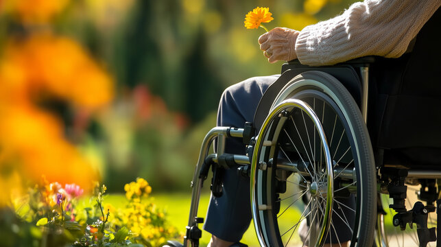 Senior person in wheelchair holding flower in sunny garden

