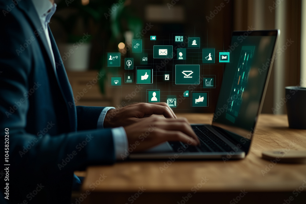 Poster man typing on laptop with digital interface display