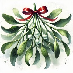 Christmas Watercolor Mistletoe, Hanging Mistletoe Bouquet, Mistletoe with White Berry and Red Bow, New Year Kiss Tradition Art, Plant Illustration for Winter, Holiday Season Painting. Generative AI