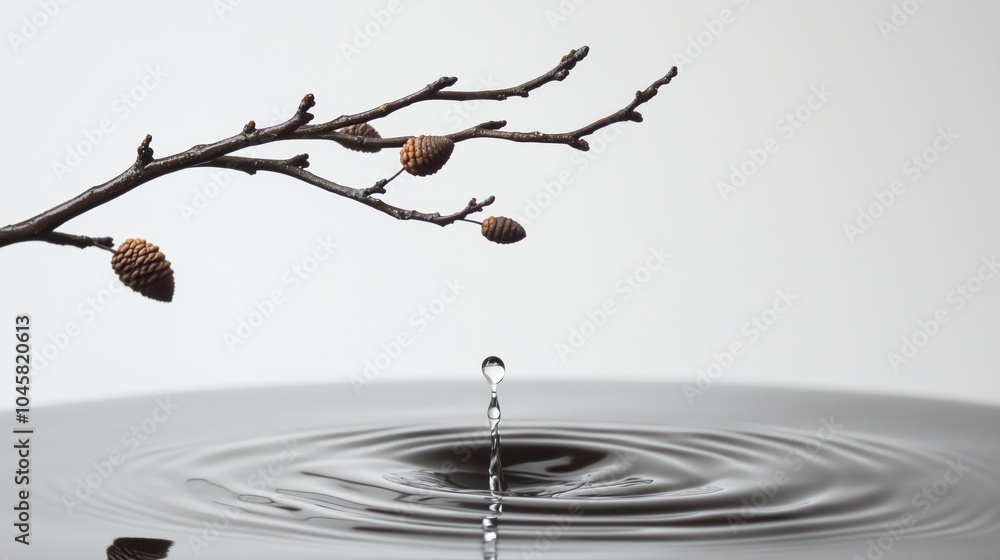 Poster a drop of water falls on the table, with ripples forming in it, and an acorn branch floating above t