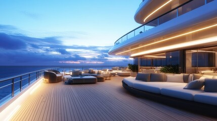 Fototapeta premium A luxury cruise ship's rooftop deck with plush lounge areas, symbolizing a high-end concept of wealth. No people.