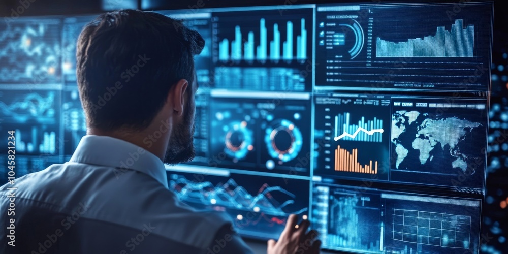 Poster a businessman is looking at a dashboard that shows key business information. this dashboard uses cha