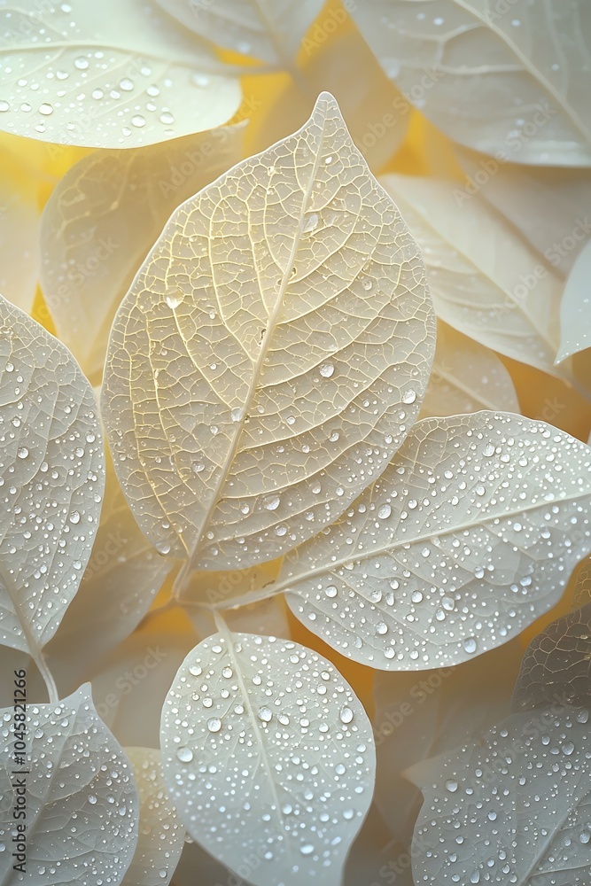 Poster close-up of delicate, translucent leaves covered in droplets of water, creating a serene and refresh