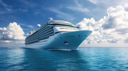 A modern cruise ship's sleek, elegant design, cutting through the blue ocean and reflecting wealth. No people.