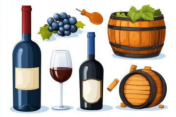  Ilustración de botellas de vino tinto, copas y barriles de madera, acompañados de racimos de uvas. Los elementos muestran el proceso tradicional de la elaboración del vino.

