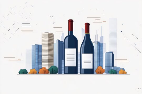  Dos botellas de vino con una ilustraci&oacute;n de edificios de la ciudad de fondo, destacando la conexi&oacute;n entre el vino y la vida urbana.

