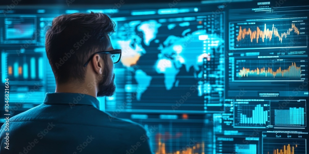 Poster a businessman is looking at a dashboard that shows key business information. this dashboard uses cha