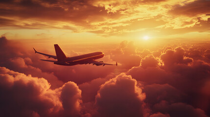 Dramatic Sunset Flight: A commercial airplane flying above dramatic clouds during sunset,...