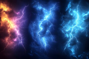 Fototapeta premium A vibrant display of lightning illuminating stormy clouds in hues of orange, purple, and blue, creating a dramatic and dynamic atmosphere.