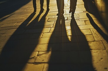 Close-up of shadows cast by a group of people on the street, high-resolution photography, incredibly detailed Generative AI
