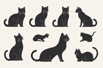 Set of black cat silhouettes in different poses.