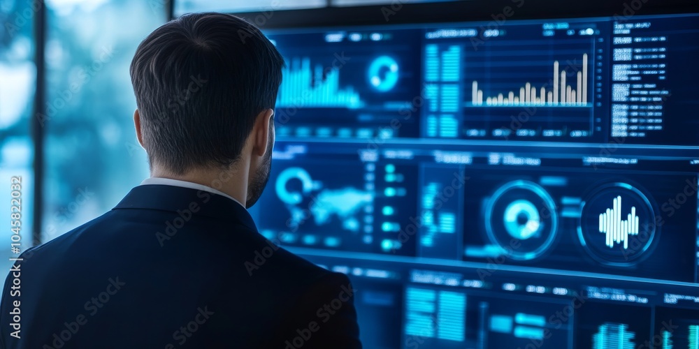 Poster a businessman is looking at a dashboard that shows key business information. this dashboard uses cha