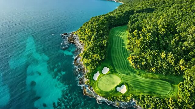 Aerial view of a luxurious golf course set against turquoise coastal waters, showcasing an idyllic scene of recreational bliss and natural beauty.**** Video