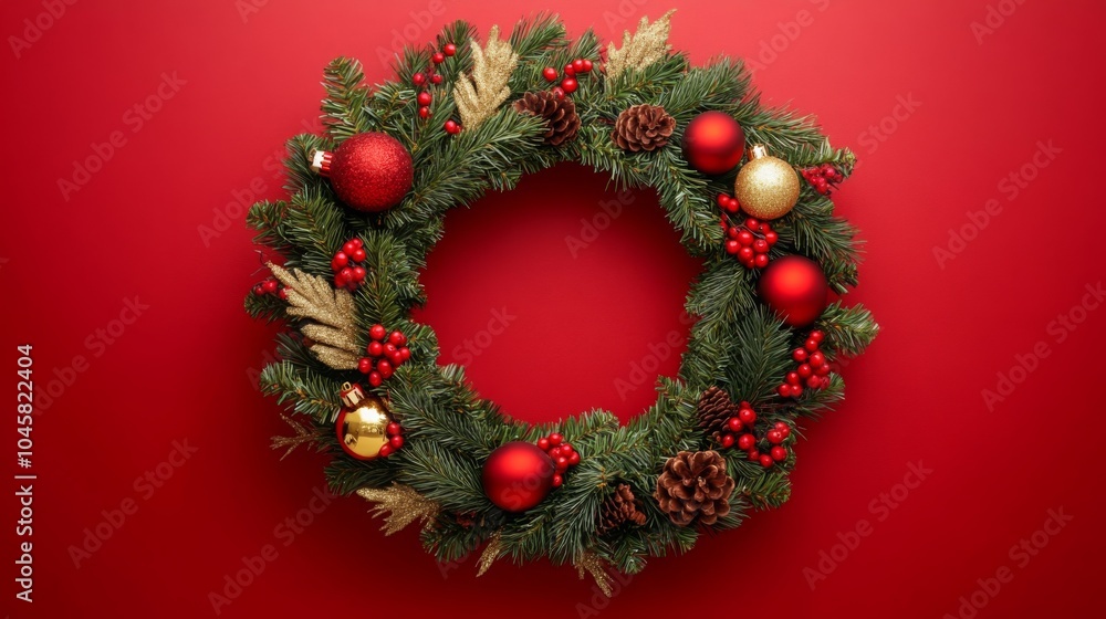 Poster a christmas wreath with green pine branches and red berries is decorated with red and gold ornaments