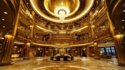 Obraz premium The grand chandelier-lit lobby of a luxury cruise ship, with gold accents reflecting wealth. No people.