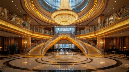 Obraz premium The grand chandelier-lit lobby of a luxury cruise ship, with gold accents reflecting wealth. No people.