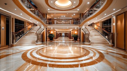 Obraz premium The grand entrance of a luxury cruise ship with polished marble floors, representing wealth and grandeur.