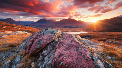 Naklejka premium Breathtaking sunset view over mountains and reflective lake at twilight in a tranquil highland landscape
