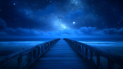 Obraz premium Infinite Dreams: A dreamlike photo of an infinite bridge leading to a starlit horizon, representing limitless aspirations. 