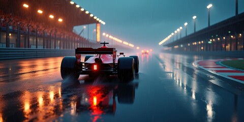 A dramatic scene of a formula car racing in the rain at dusk, showcasing speed and adrenaline on a slick track, ideal for motorsport and automotive themes.