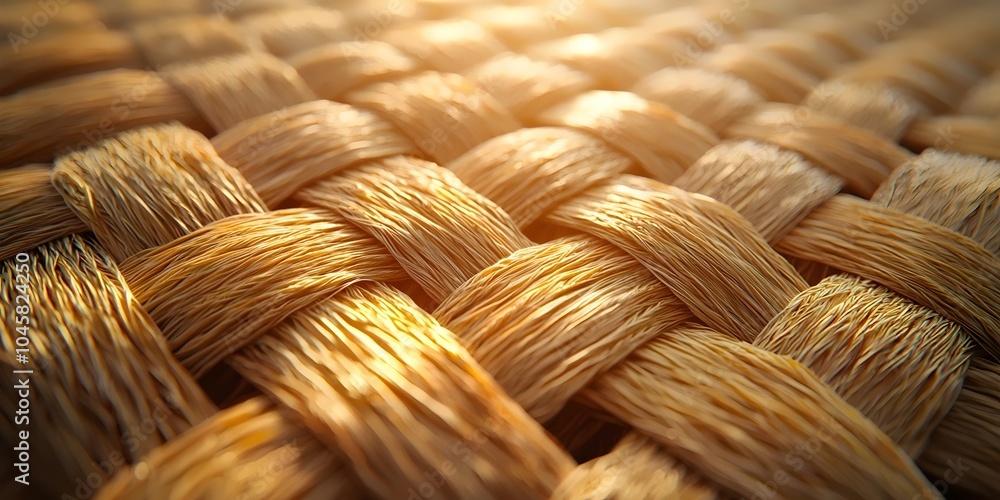 Poster close-up of intricately woven natural fibers creating a warm and textured background, illuminated by