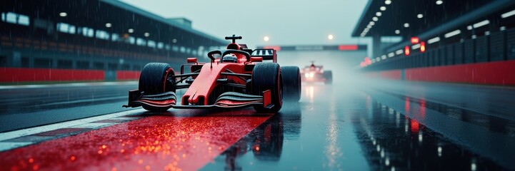 Naklejka premium Dynamic Formula 1 racecar on a wet track, reflecting power and speed. Ideal for automotive, sports, or technology-themed projects.