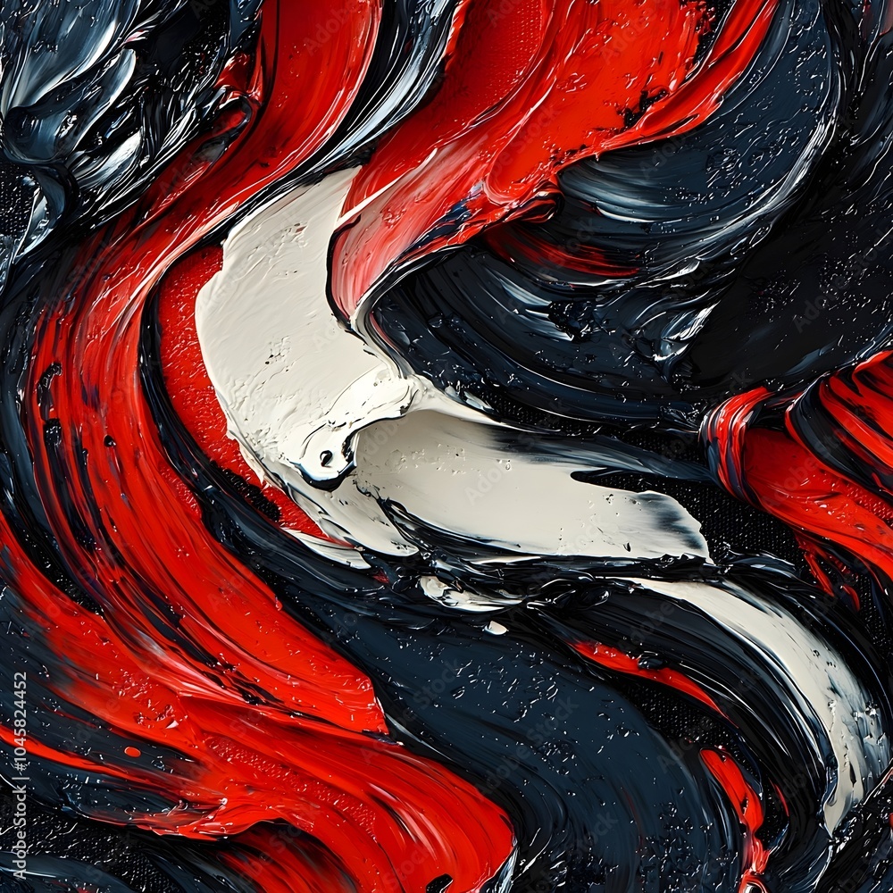 Poster a vibrant abstract art piece featuring dynamic swirls of red, black, and white paint, creating a sen