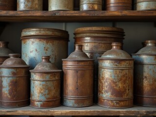 Collection of rustic metal canisters with weathered patina, displayed on wooden shelves, highlighting vintage kitchen decor and antique style