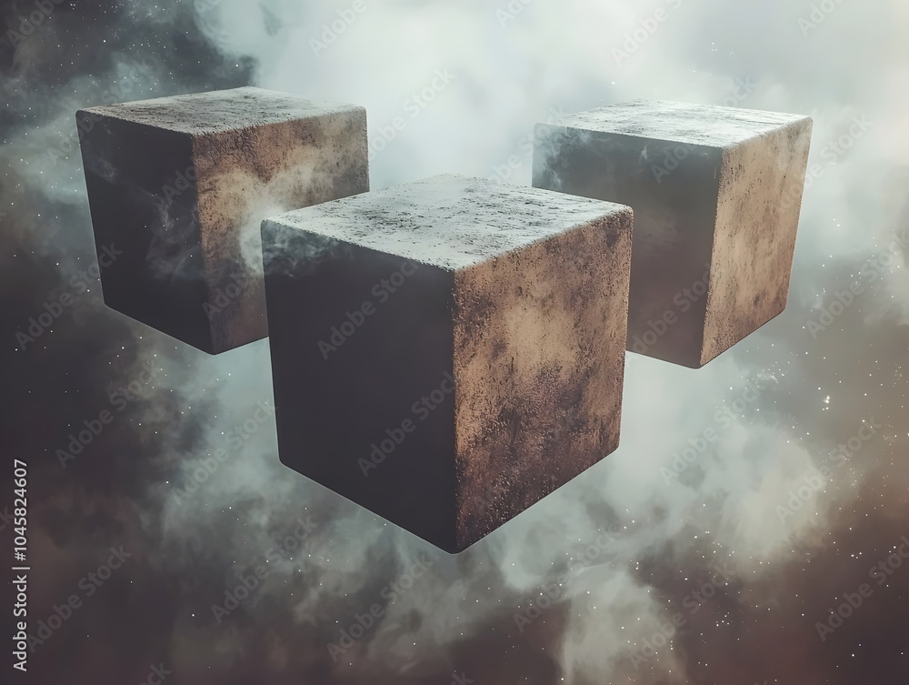 Poster three textured cubes suspended in a mystical cloud-filled atmosphere, creating an ethereal and surre
