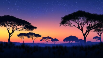 Silhouette of trees against a vibrant sunset sky with stars.