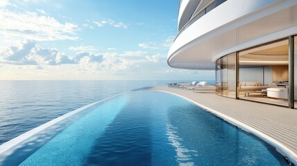 Fototapeta premium The private pool deck of a modern cruise ship, overlooking endless blue waters and symbolizing wealth. No people.