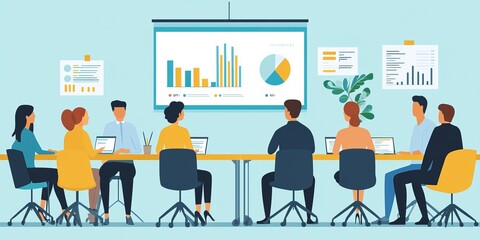 A simple drawing of a board meeting. People are seated around a table, with charts on the wall and a presentation screen. The image uses flat colors and a minimalist style.