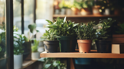 Fototapeta premium Sunlit indoor shelves with potted plants. The serene composition features a variety of indoor plants arranged on wooden shelves, bathed in natural sunlight filtering through blinds, creating a calm an