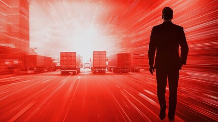 Fototapeta premium Silhouette of businessman walking towards light, dynamic red blur background.
