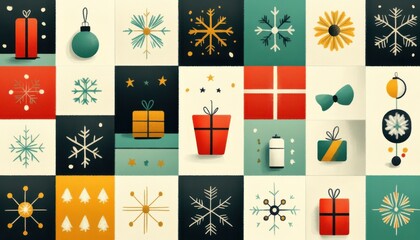 Festive Christmas pattern with stylish icons like snowflakes and gift boxes in vibrant colors, creating a modern holiday design