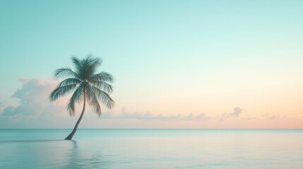 Fototapeta premium The calm waters reflect the soft colors of the sunset, highlighting a solitary palm tree on a minimalist tropical island. Generative AI