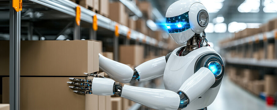 Humanoid Robot Carrying a Box in a Smart Warehouse.