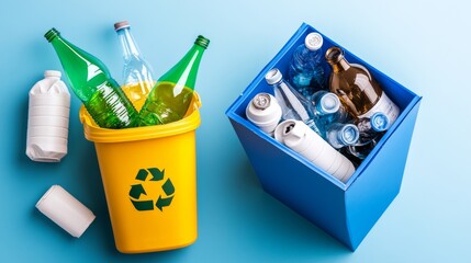 Obraz premium Un contenedor amarillo con botellas de vidrio verdes y un cubo azul con botellas de plástico y latas están preparados para su reciclaje. La imagen destaca la separación de materiales reciclables.