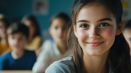 Fototapeta premium A young girl smiles brightly while participating in a classroom discussion with her peers in a sunny school environment