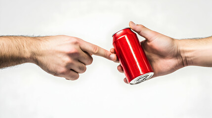 Passing Soda Can: Two male hands exchanging a blank soda can.  