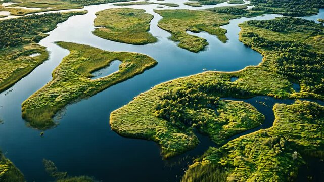Bird&acirc;&euro;&trade;s-eye view of a coastal marshland with winding waterways, patches of greenery, and wildlife visible from above. . Video