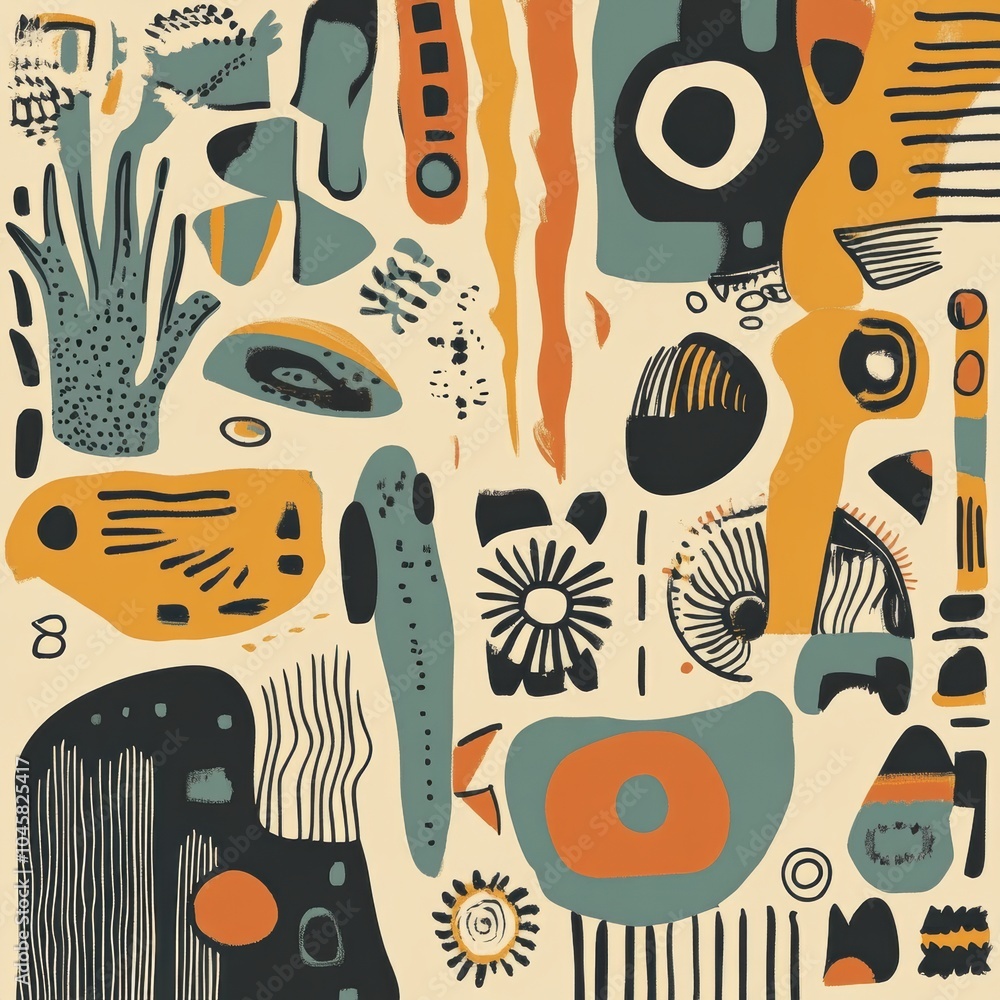 Poster this artwork showcases a lively retro design with warm tones, combining 70s and 80s inspired shapes 
