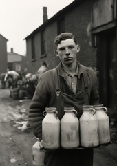 A young milkman stands in a rural street holding several milk jugs. His serious expression and the industrial surroundings highlight the hardworking, gritty life of early 20th-century labor.
