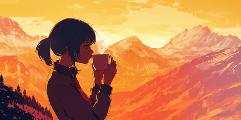 Lo-fi Illustration of a woman enjoying a warm drink at sunrise in a mountainous landscape. This artistic image captures a serene moment as a young woman, silhouetted against a warm, golden sunrise