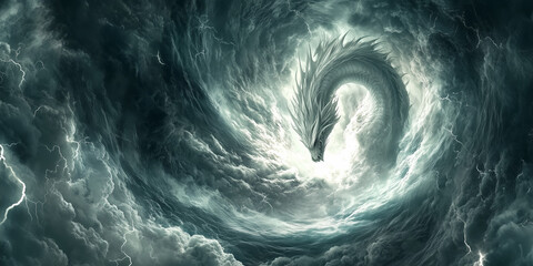 Fantastical white dragon swirling amidst storm clouds with flashes of lightning. The powerful, mythical creature dominates the sky, evoking a sense of wonder, danger, and fantasy